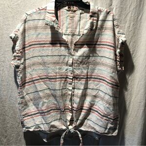 Weatherproof Vintage washable striped linen blend shirt tie front detail  XXL